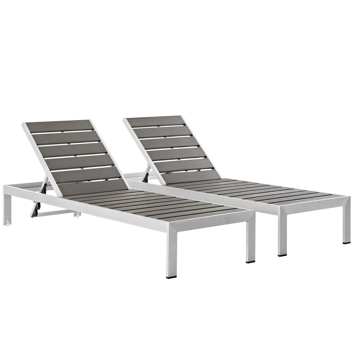 Shore Outdoor Patio Aluminum Chaise Set of 2 gray slatted seats with silver frames on Tampa Home & Garden Store