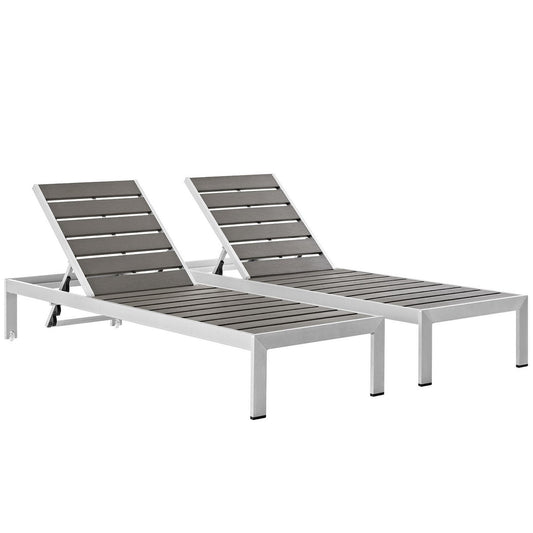 Shore Outdoor Patio Aluminum Chaise Set of 2 gray slatted seats with silver frames on Tampa Home & Garden Store