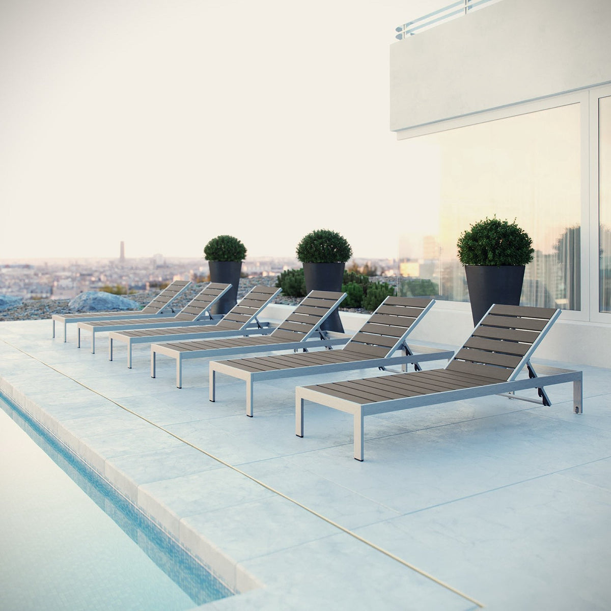 Shore outdoor aluminum chaise set of 6 with brown slat seats on pool deck by Modway on Tampa Home & Garden Store