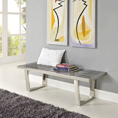 Sauna 4' stainless steel bench by Modway in a living room with white pillow and slatted top on Tampa Home & Garden Store