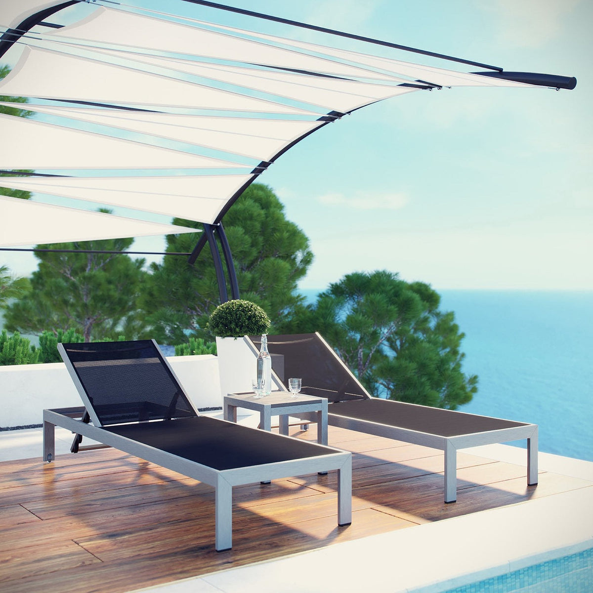 Shore 3 Piece Patio Aluminum Set by Modway, white frame, black mesh lounges on Tampa Home & Garden Store