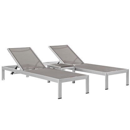 Shore 3 Piece Outdoor Aluminum Set by Modway two gray-mesh chaise loungers and table on Tampa Home & Garden Store