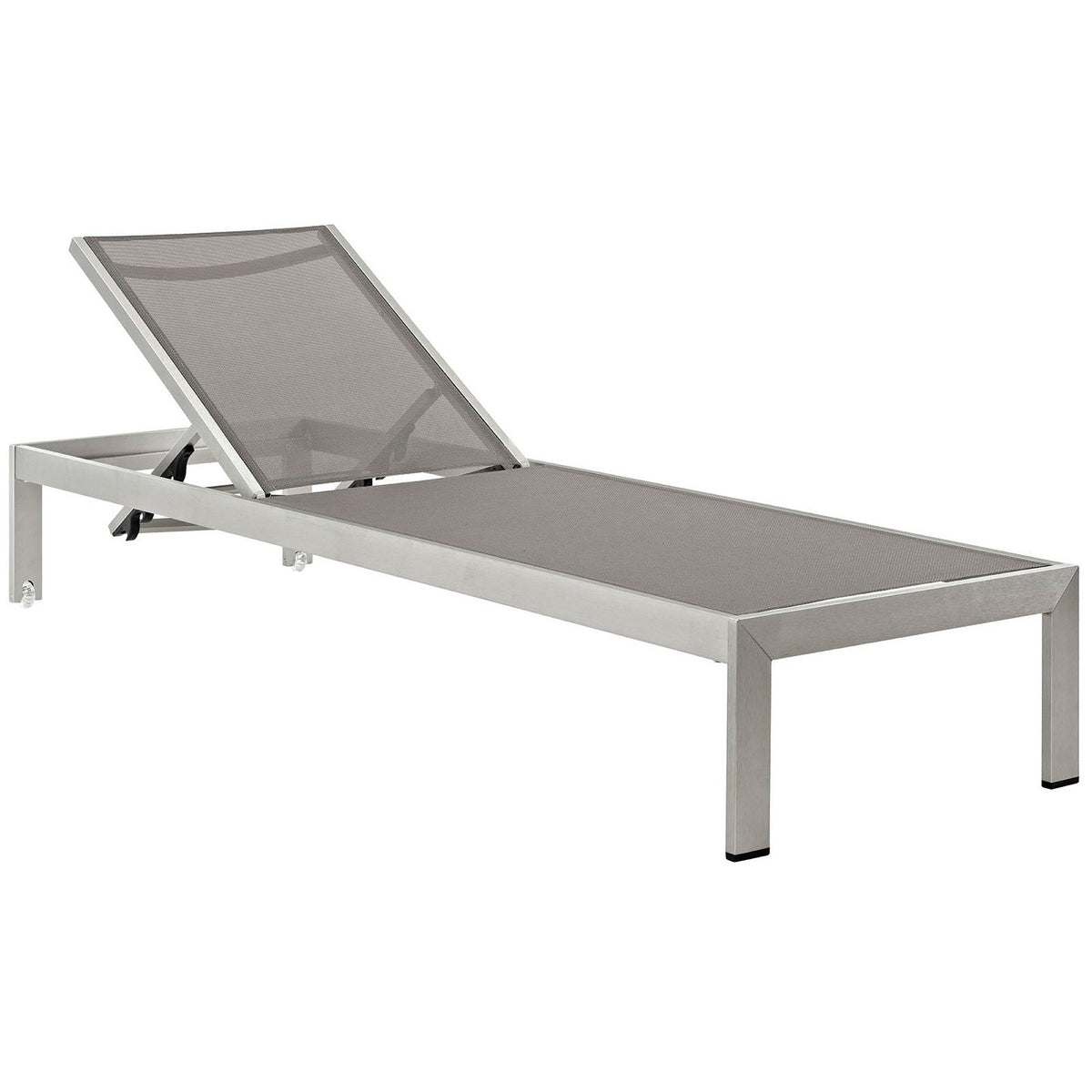 Shore 3 Piece Outdoor Patio Aluminum Set chaise lounge with gray mesh seat and silver frame on Tampa Home & Garden Store