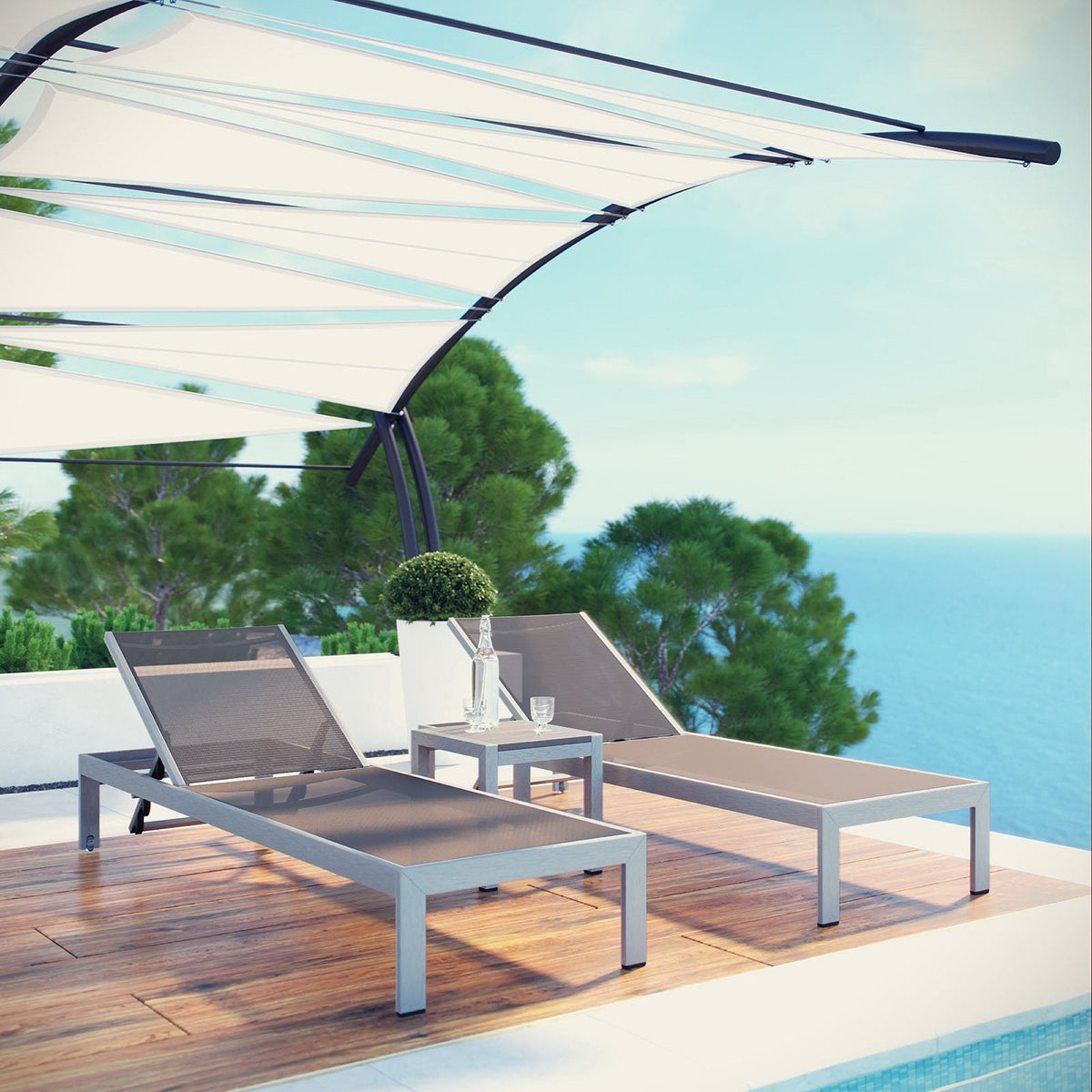 Shore 3 Piece Outdoor Aluminum Set with 2 lounge chairs and table, brown mesh cushions on Tampa Home & Garden Store