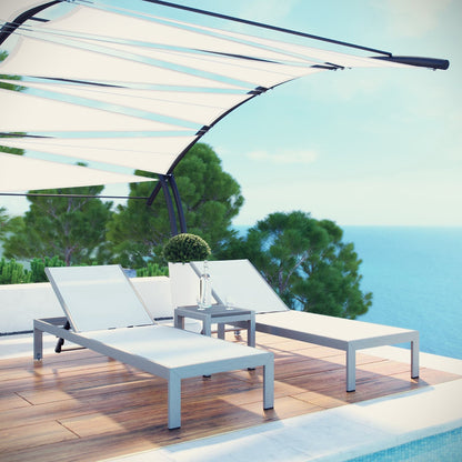 Shore 3 Piece Outdoor Patio Aluminum Set with 2 white cushioned loungers and table on deck on Tampa Home & Garden Store