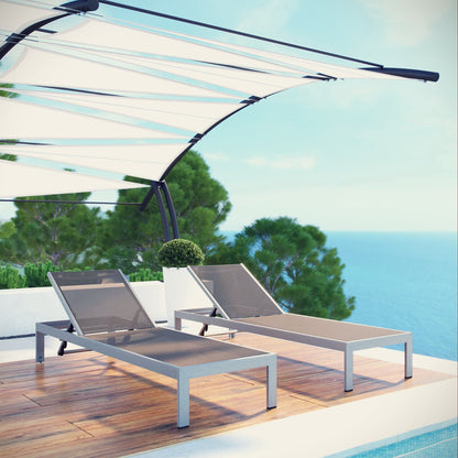 Shore Outdoor Patio Aluminum Chaise Set of 2 with brown mesh cushions and gray frames on Tampa Home & Garden Store