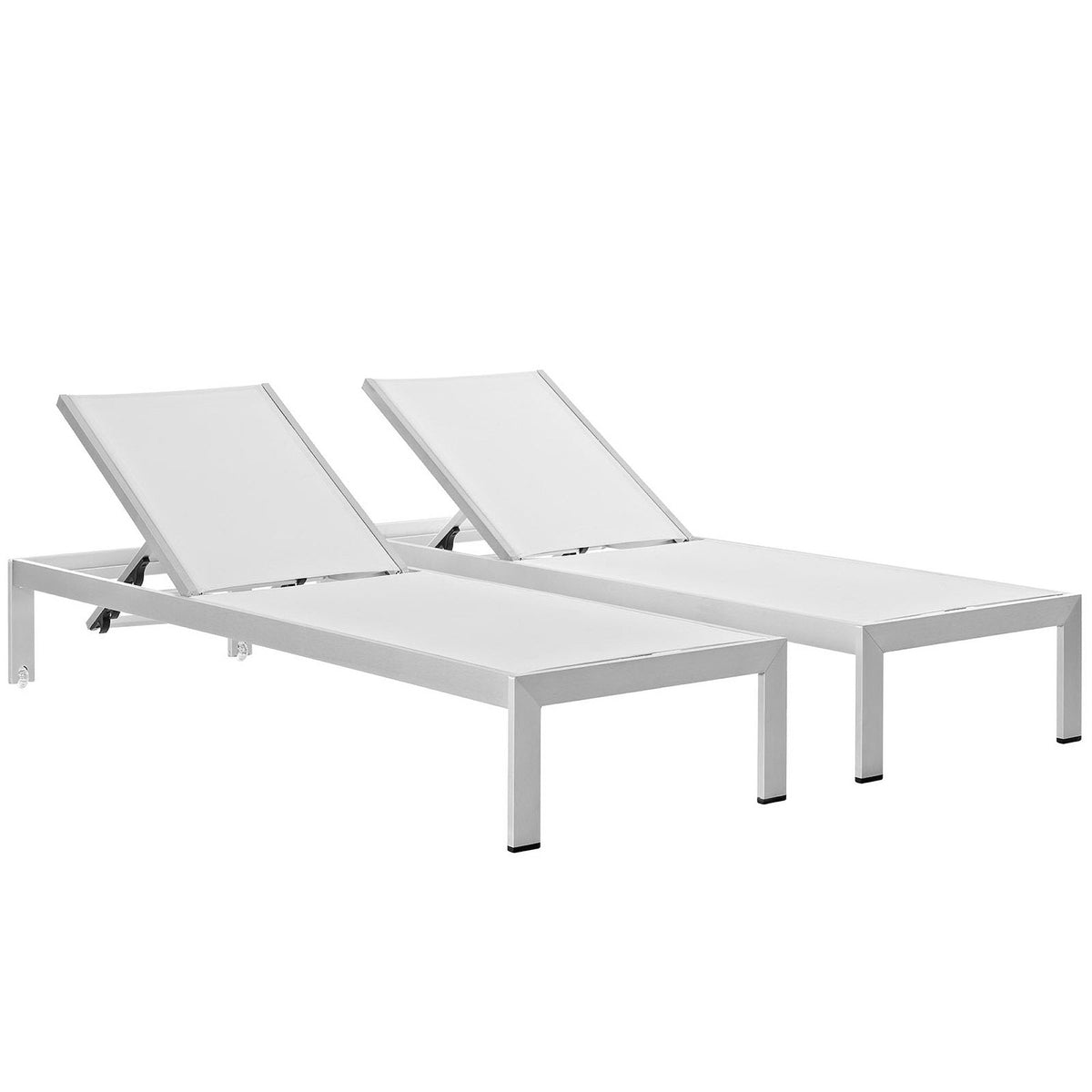 Shore Outdoor Patio Aluminum Chaise Set of 2 with white frames and adjustable backs on Tampa Home & Garden Store