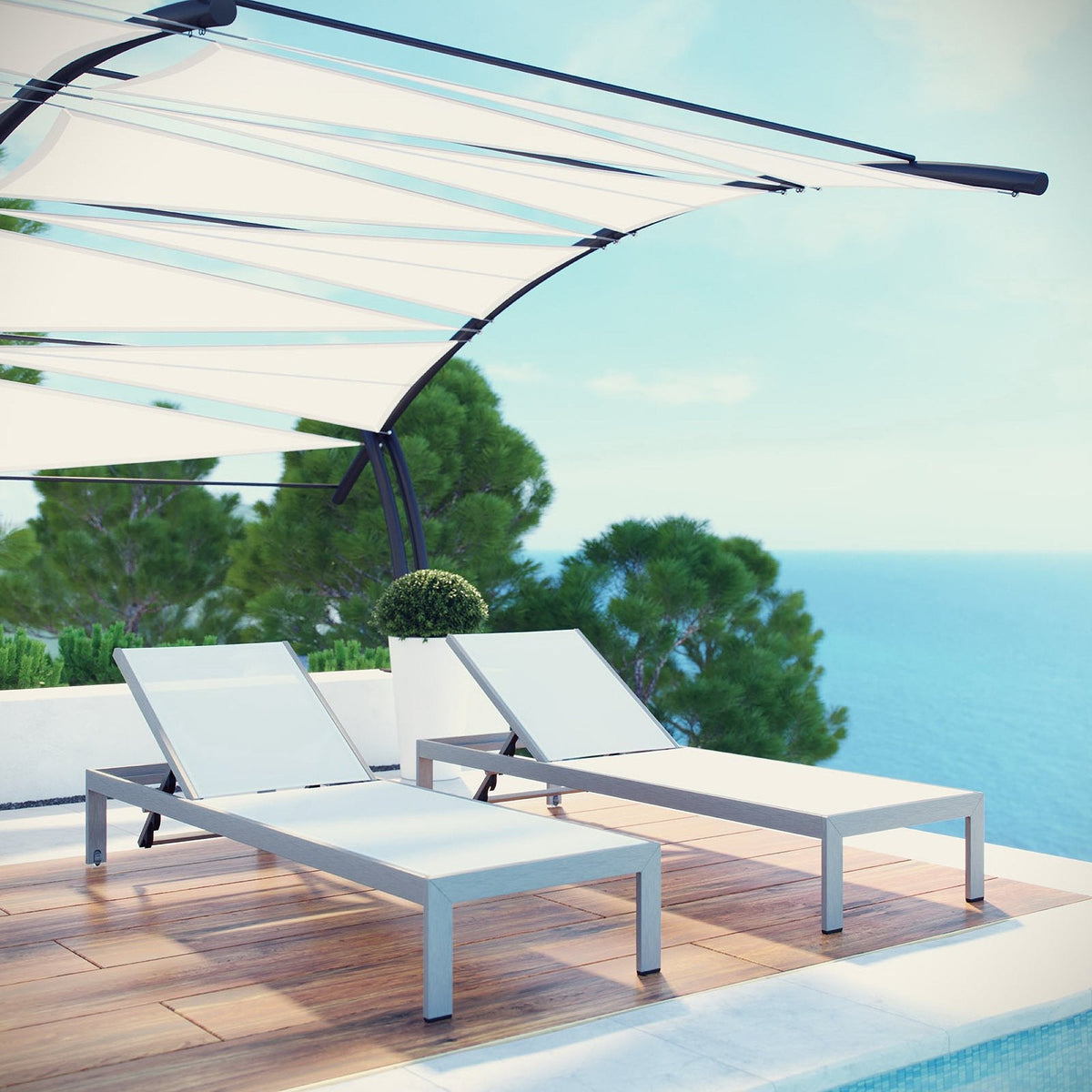 Shore outdoor patio aluminum chaise set of 2 Modway in white on a wooden pool deck on Tampa Home & Garden Store