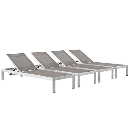 Shore outdoor aluminum chaise set of 4 with gray mesh backs on silver frames by HouseOfZazla on Tampa Home & Garden Store
