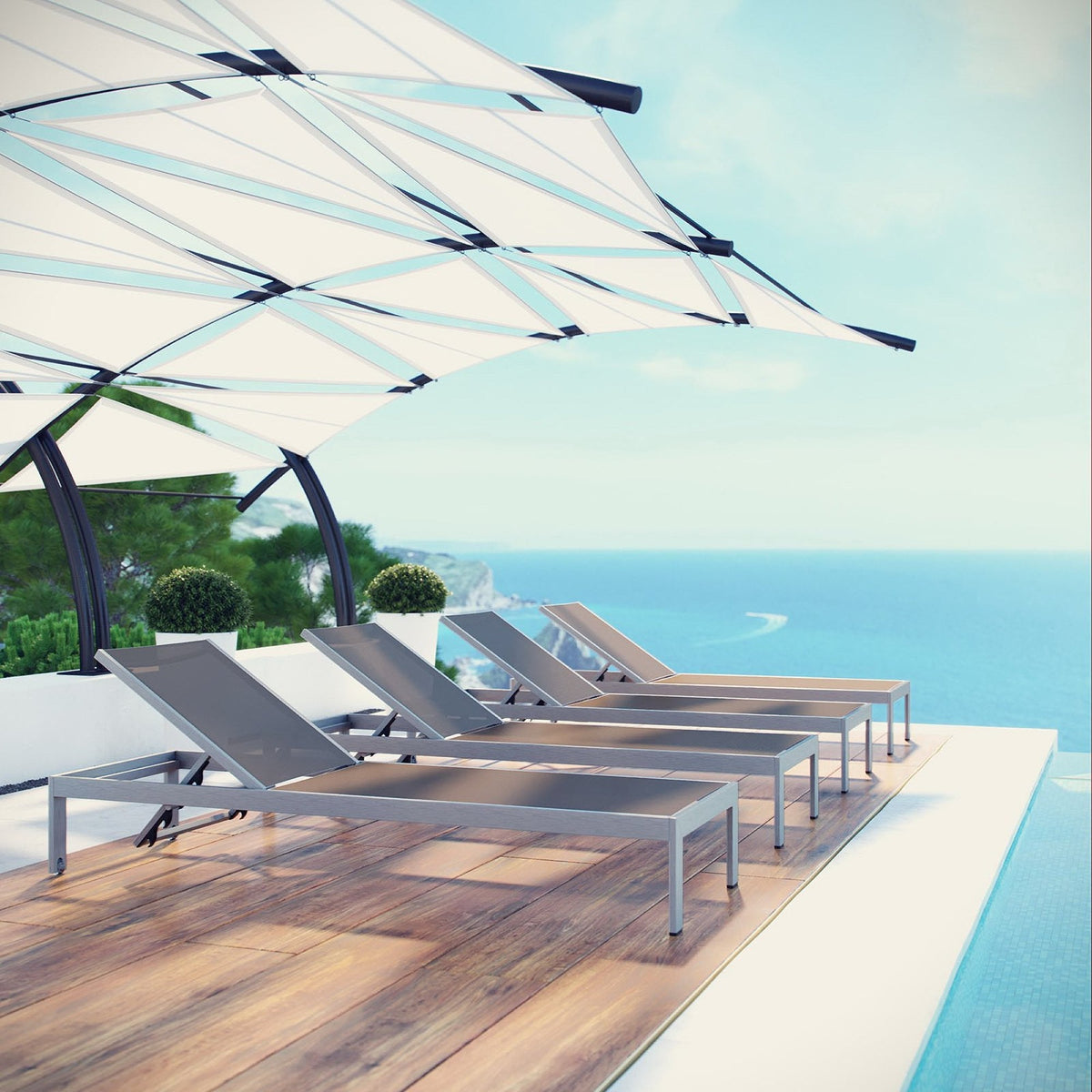 Shore outdoor aluminum chaise set of 4 with gray cushions on a wooden deck by Modway on Tampa Home & Garden Store