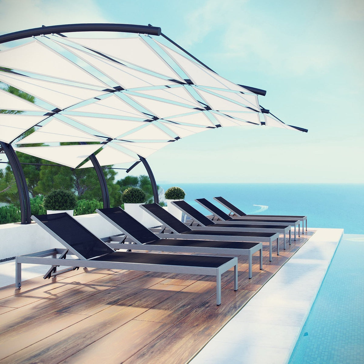 Shore Patio Aluminum Chaise Set of 6 by Modway with black cushions gray frames poolside on Tampa Home & Garden Store