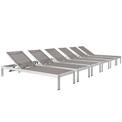 Shore outdoor patio aluminum chaise set of 6 with gray mesh seats and adjustable backs on Tampa Home & Garden Store