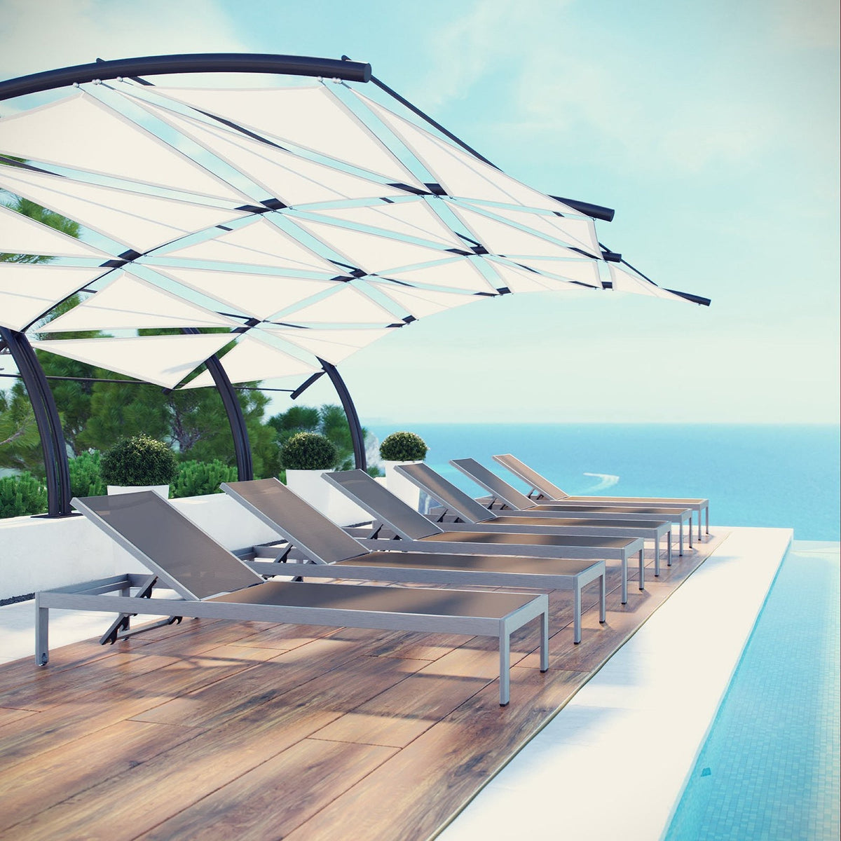 Shore outdoor aluminum chaise set of 6 by Modway EEI-2474, gray loungers under white sail shade on Tampa Home & Garden Store