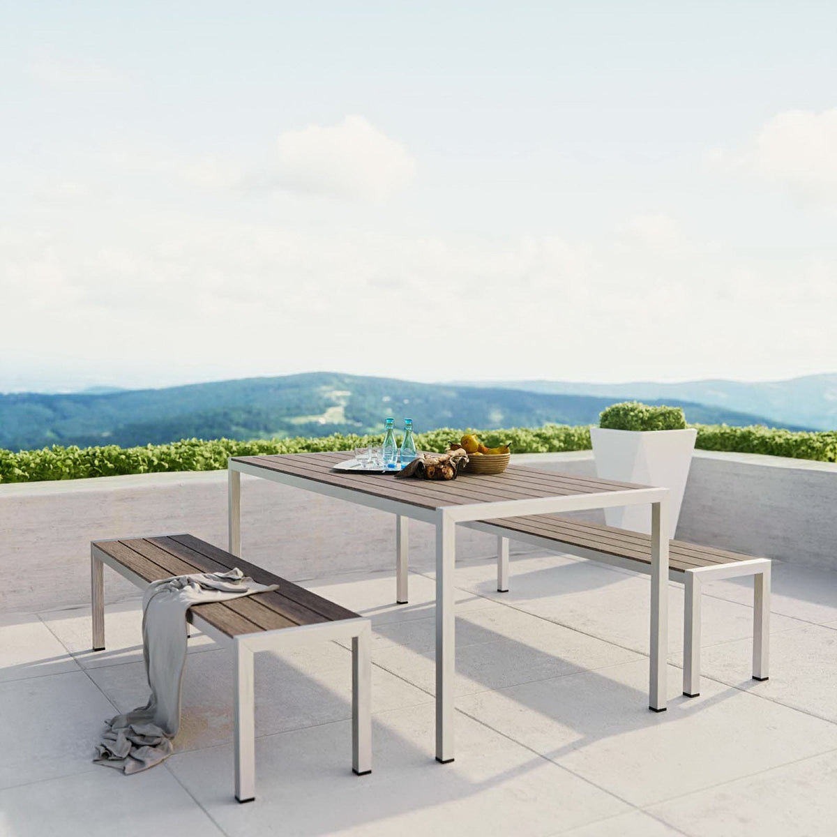 Shore 3-Piece outdoor dining set with aluminum frame and wood slat tops; table and two benches on Tampa Home & Garden Store