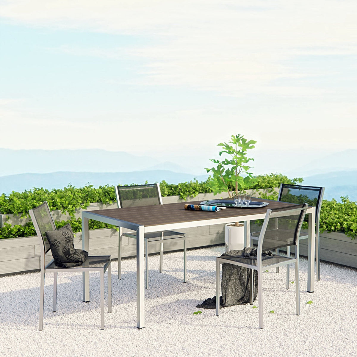 Shore 5 Piece Outdoor Patio Aluminum Dining Set by Modway with gray aluminum frames and slat table on Tampa Home & Garden Store