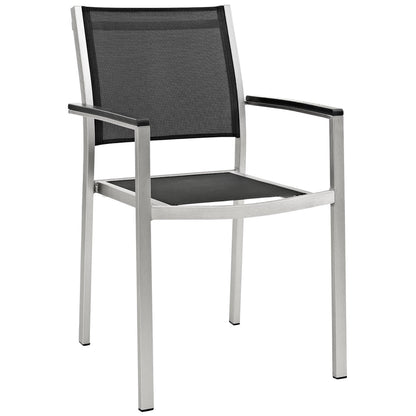 Shore outdoor aluminum dining chair with black mesh back and seat, silver frame on Tampa Home & Garden Store