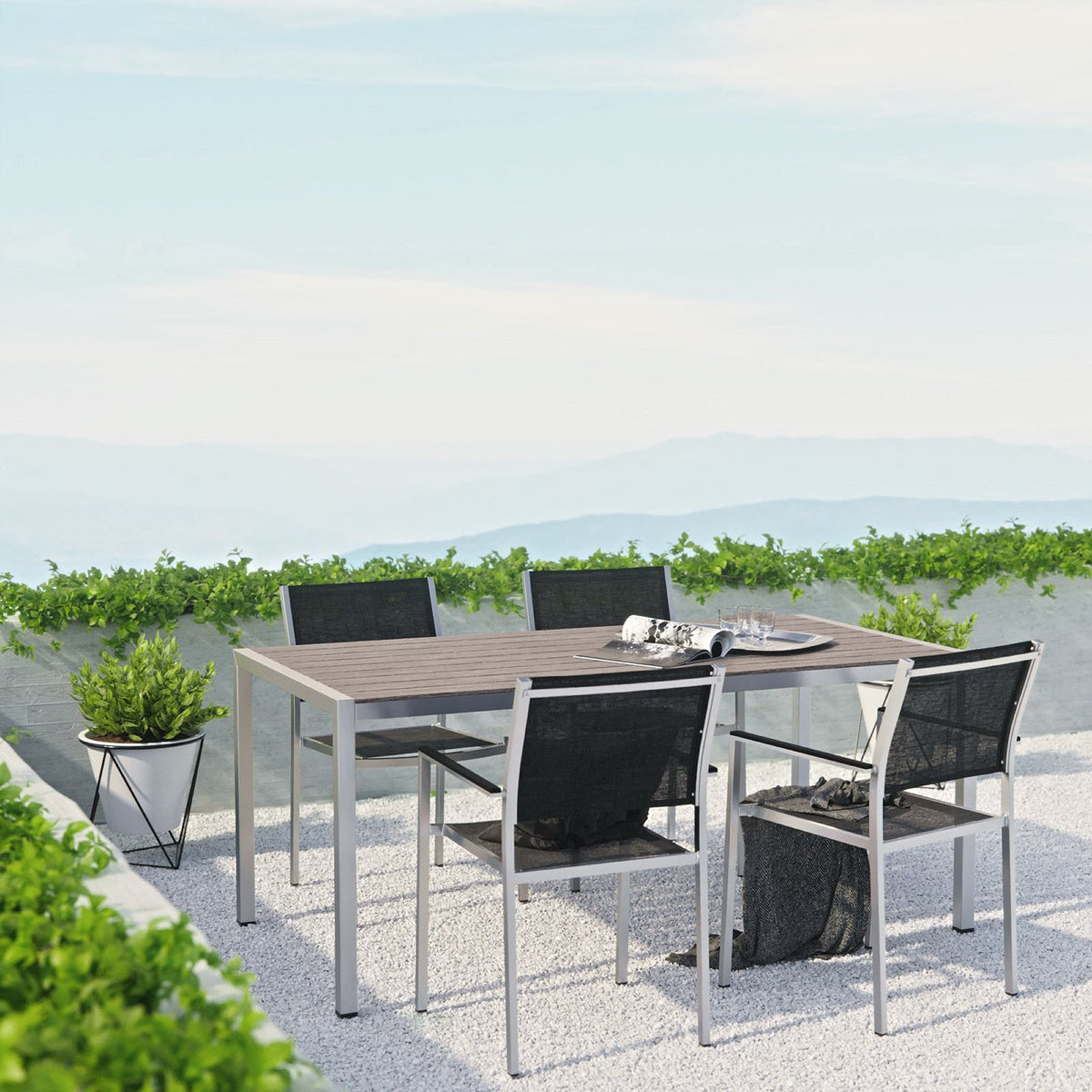 Shore 5 Piece Outdoor Patio Set, 1 table + 4 mesh chairs; aluminum frame, wood-look slat top on Tampa Home & Garden Store