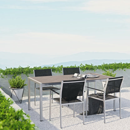 Shore 5 Piece Outdoor Patio Set, 1 table + 4 mesh chairs; aluminum frame, wood-look slat top on Tampa Home & Garden Store
