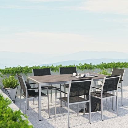 Shore 7 Piece Outdoor Patio Aluminum Dining Set by Modway with gray aluminum frames and black woven chairs, 6 seats on Tampa Home & Garden Store