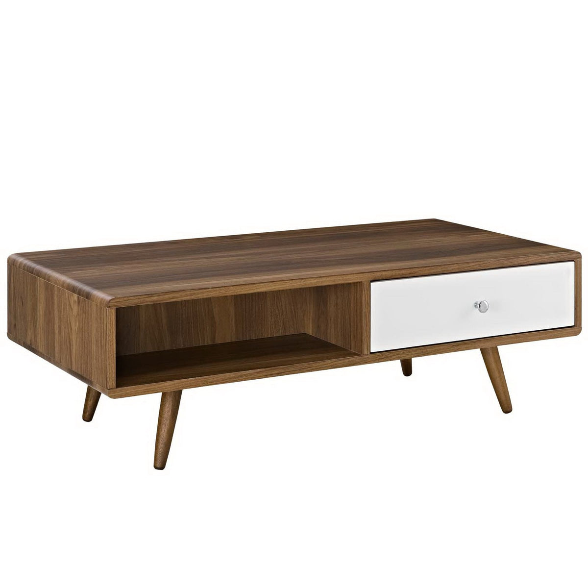 Transmit Coffee Table by Modway walnut veneer top with white drawer mid century legs open shelf on Tampa Home & Garden Store