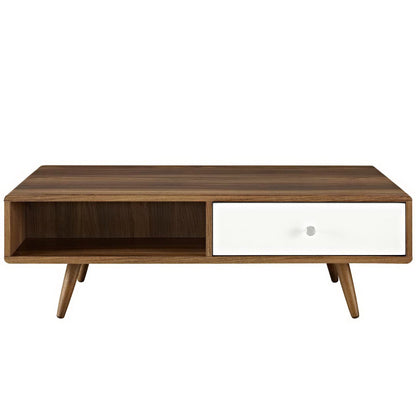 Transmit Coffee Table by Modway with walnut veneer top, white drawer, mid-century legs on Tampa Home & Garden Store