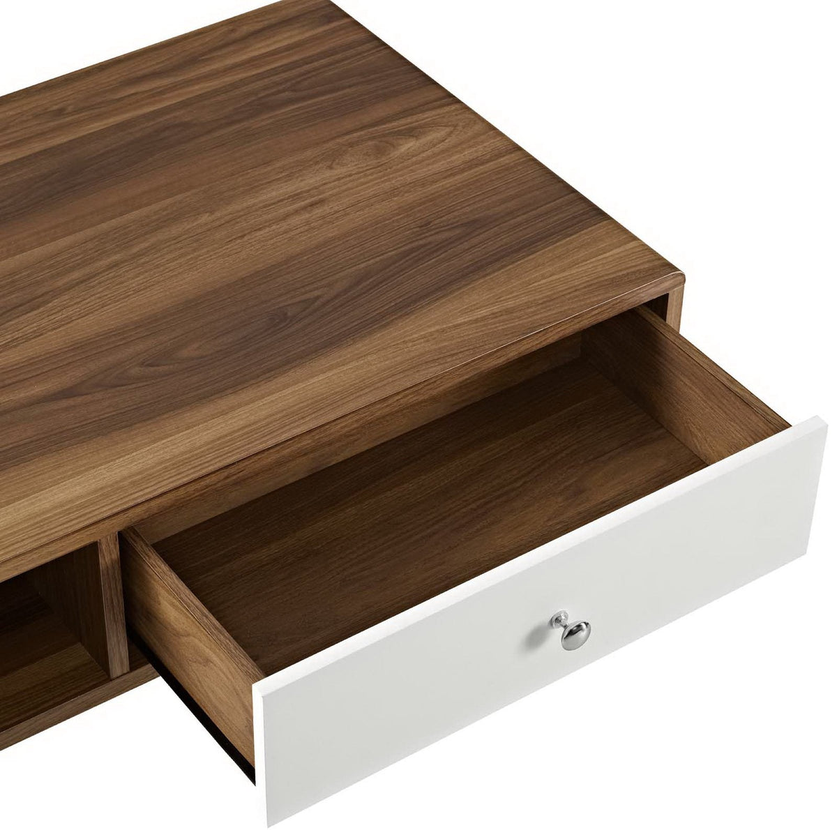 Transmit coffee table by Modway with woodgrain top and white drawer on Tampa Home & Garden Store