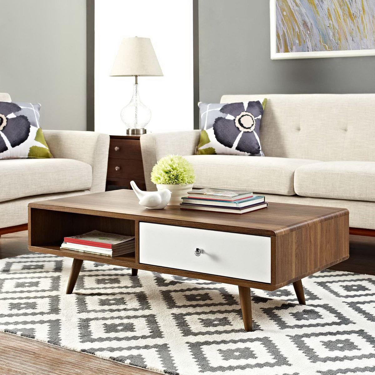 Transmit Coffee Table by Modway in walnut wood with white front drawer mid-century style on Tampa Home & Garden Store