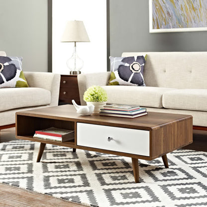 Transmit Coffee Table by Modway in walnut wood with white front drawer mid-century style on Tampa Home & Garden Store
