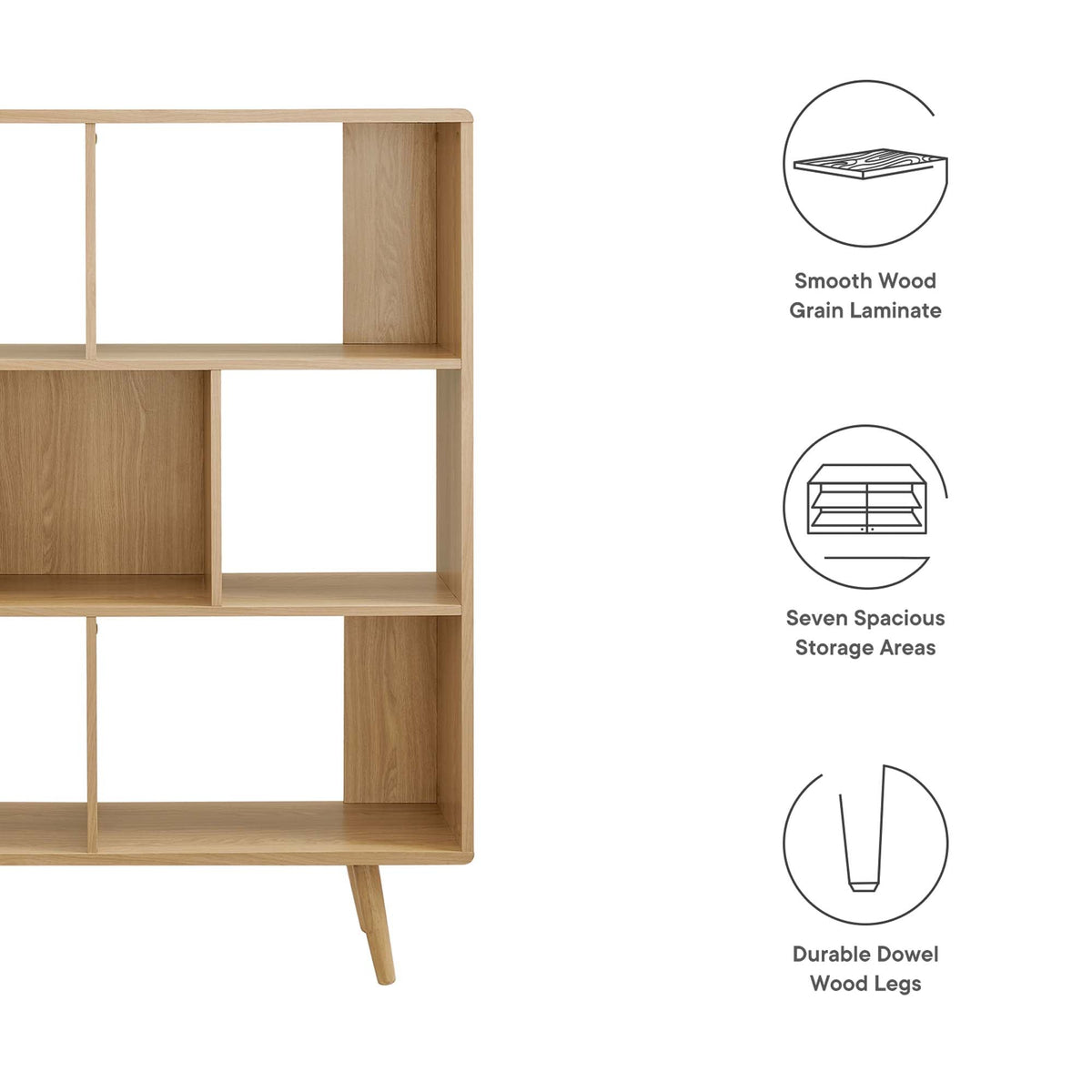 Transmit 7-Shelf Wood Grain Bookcase by Modway, natural oak laminate, living room storage on Tampa Home & Garden Store