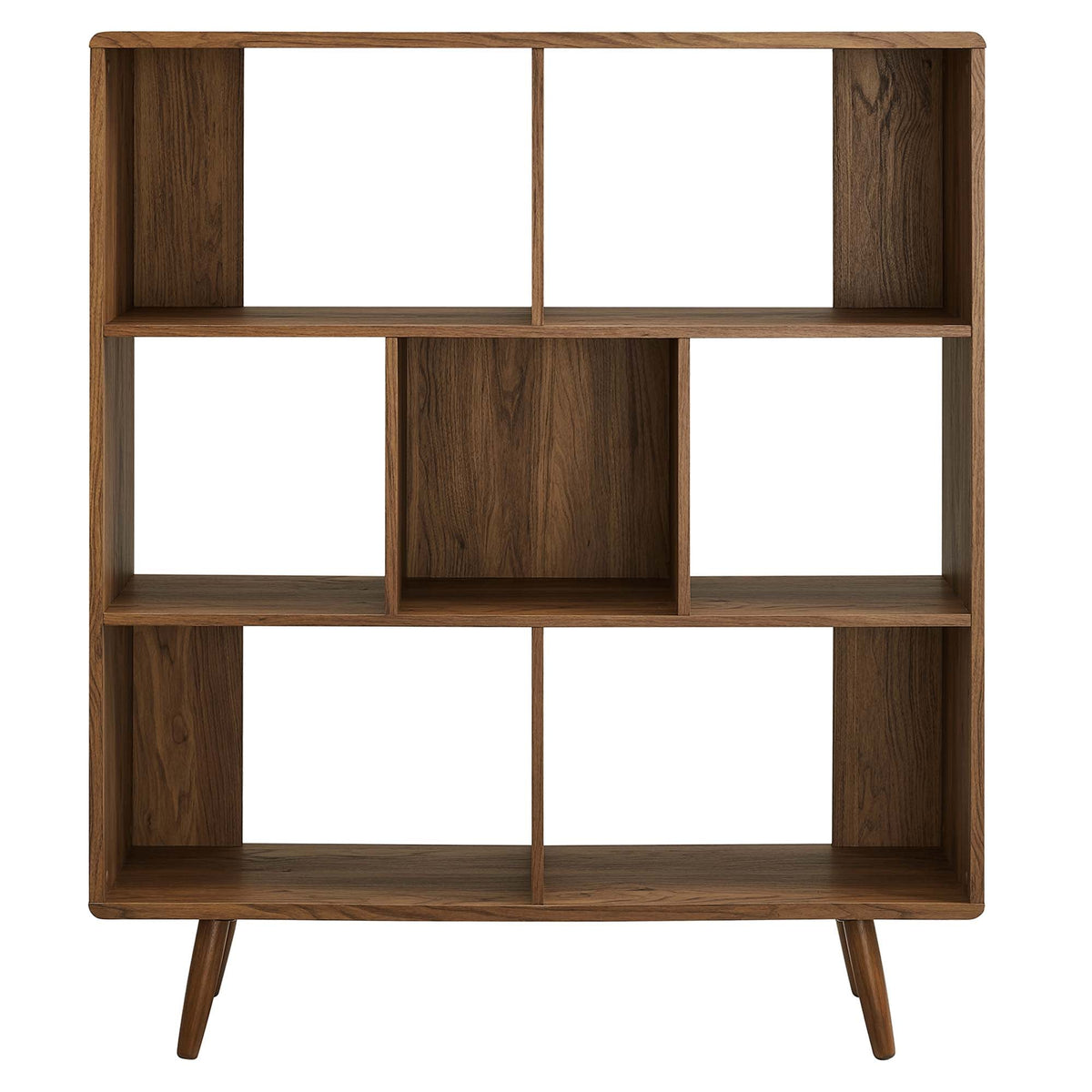 Transmit 7-Shelf Wood Grain Bookcase by Modway, living room storage, mid-century legs on Tampa Home & Garden Store