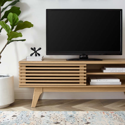 Render TV Stand by Modway, natural wood slatted media console with black TV on top on Tampa Home & Garden Store
