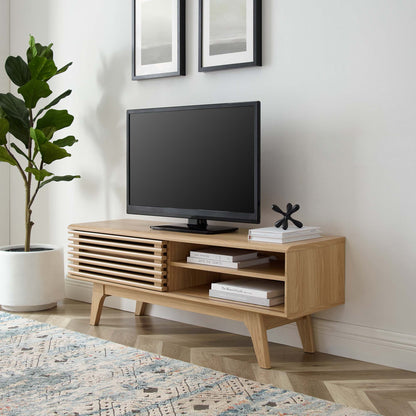 Render TV Stand by Modway, light oak slatted media console with open shelf in living room on Tampa Home & Garden Store