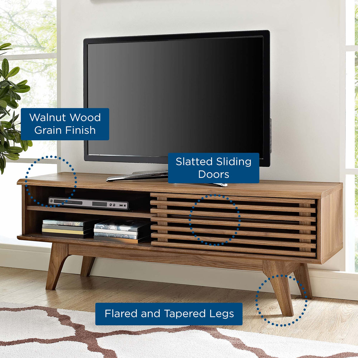 Render TV Stand by Modway in walnut wood grain with slatted doors and flared tapered legs on Tampa Home & Garden Store