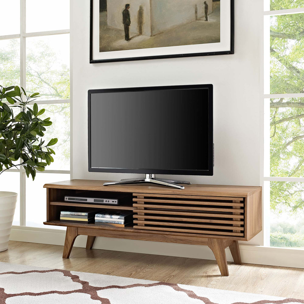 Render TV Stand by Modway in warm wood with slatted sides and open shelves on Tampa Home & Garden Store