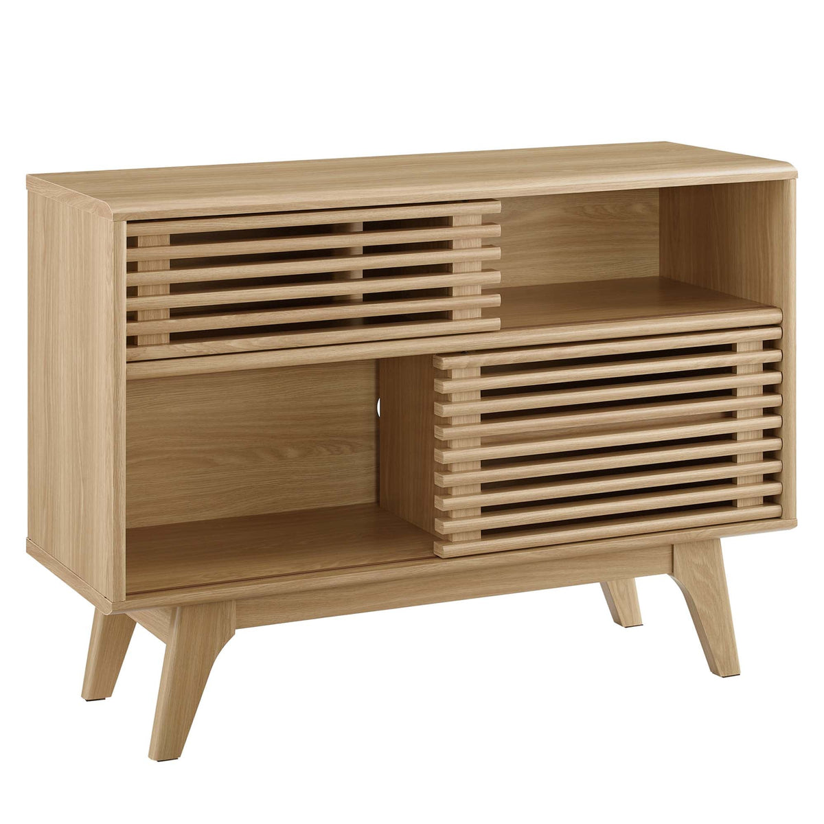 Render Display Stand in natural oak wood with slatted front panels for living room storage on Tampa Home & Garden Store