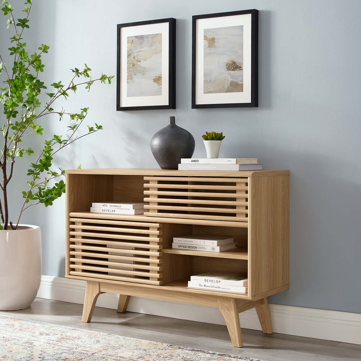 Render Display Stand by Modway, natural oak finish with slatted doors for living room storage on Tampa Home & Garden Store