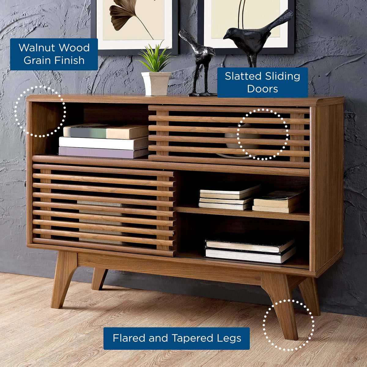 Render Display Stand in walnut wood grain finish with flared tapered legs and slatted doors on Tampa Home & Garden Store