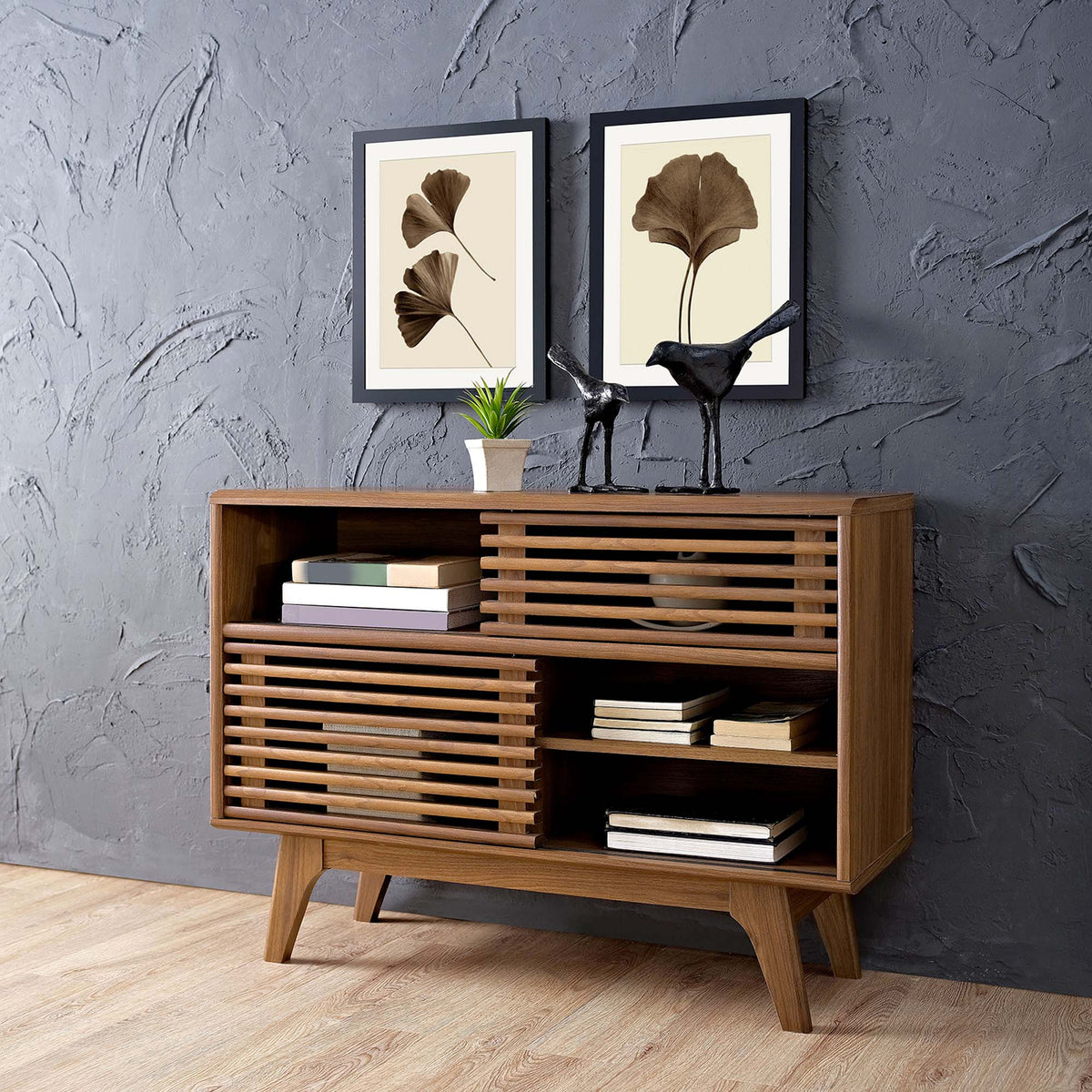 Render Display Stand by Modway wooden living room console with slatted shelves and plant decor on Tampa Home & Garden Store