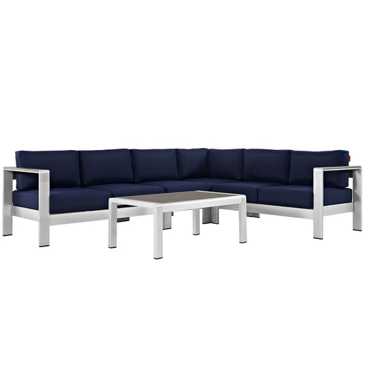 Shore 5 Piece Outdoor Patio Aluminum Sectional Sofa Set with navy cushions and silver frame on Tampa Home & Garden Store