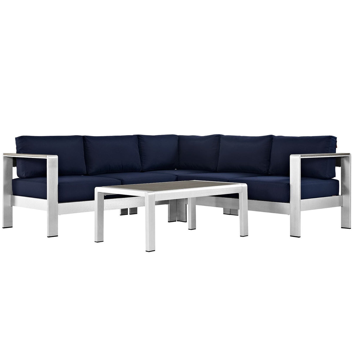Shore Aluminum Outdoor Patio Sectional Sofa with navy cushions and matching coffee table on Tampa Home & Garden Store