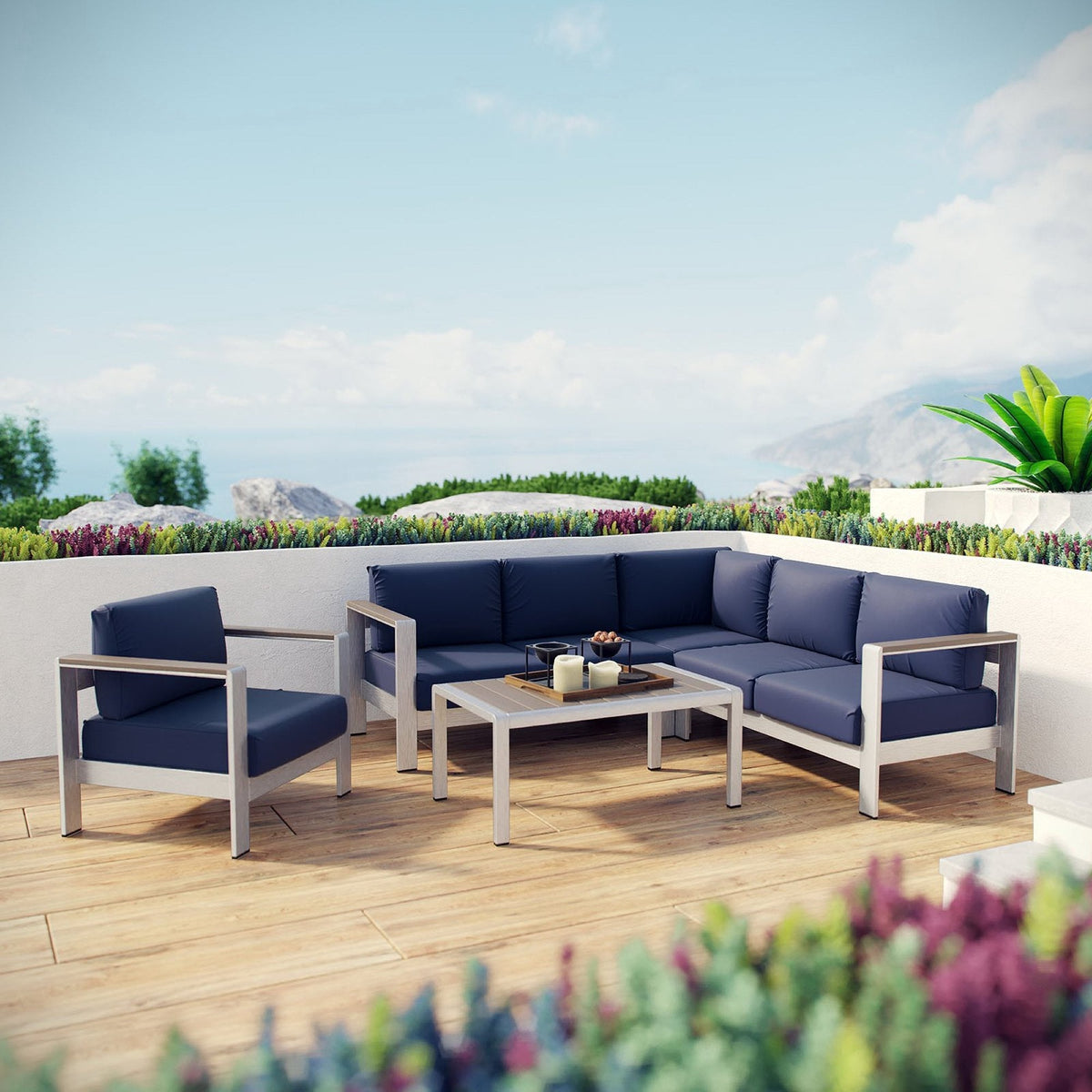 Shore 5-Piece Aluminum Sectional Sofa Set Modway navy cushions, silver frames, coffee table on Tampa Home & Garden Store