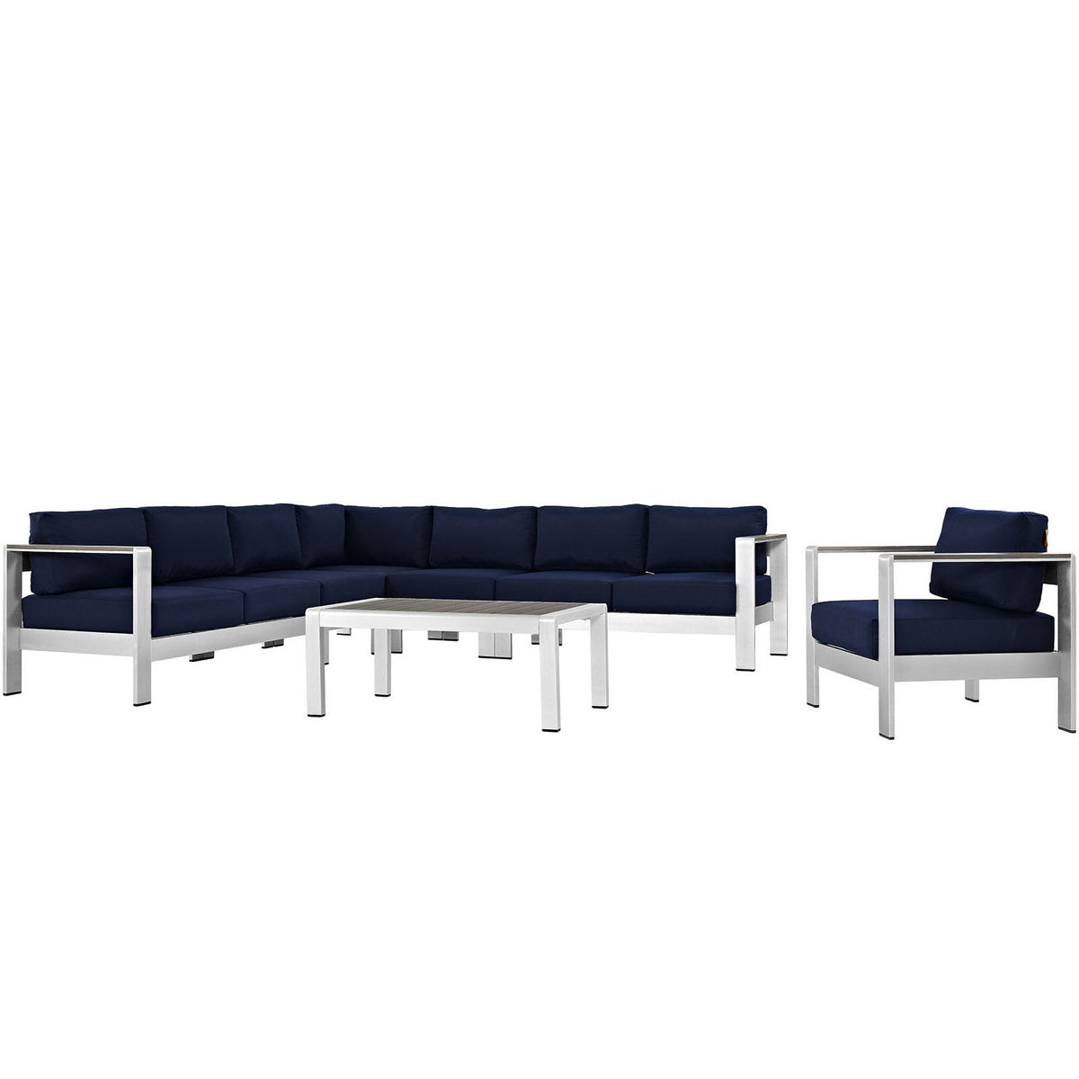 Shore 7-Piece Outdoor Sectional Sofa Set navy cushions on white frames includes coffee table on Tampa Home & Garden Store