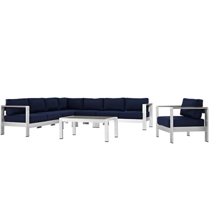 Shore 7-Piece Outdoor Sectional Sofa Set navy cushions on white frames includes coffee table on Tampa Home & Garden Store