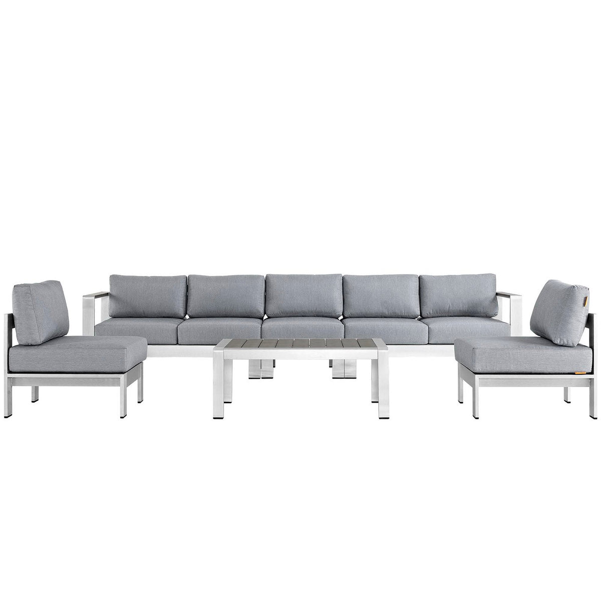Shore Six Piece Patio Aluminum Sofa Set with grey cushions and modern metal frames, HouseOfZazla on Tampa Home & Garden Store