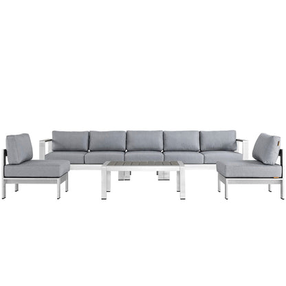 Shore Six Piece Patio Aluminum Sofa Set with grey cushions and modern metal frames, HouseOfZazla on Tampa Home & Garden Store