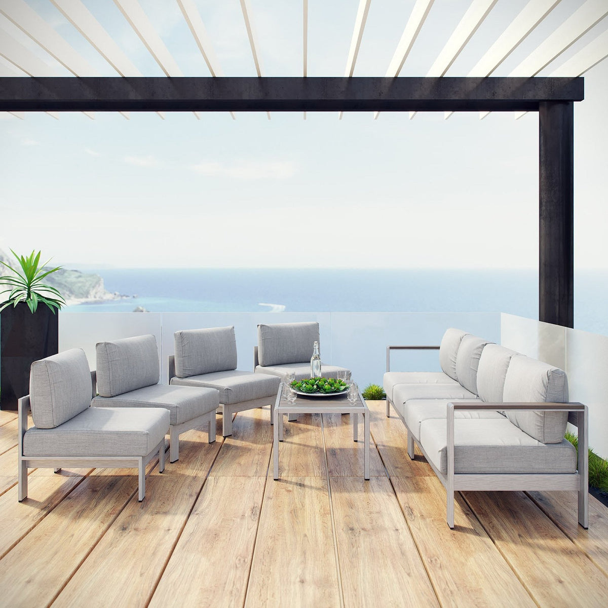 Shore 7 Piece Outdoor Patio Sectional Sofa Set with light gray cushions and aluminum frames on Tampa Home & Garden Store