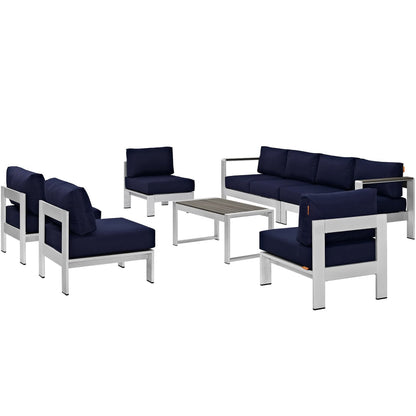 Shore 7 Piece Outdoor Sectional Sofa Set navy cushions with white frame includes sections on Tampa Home & Garden Store