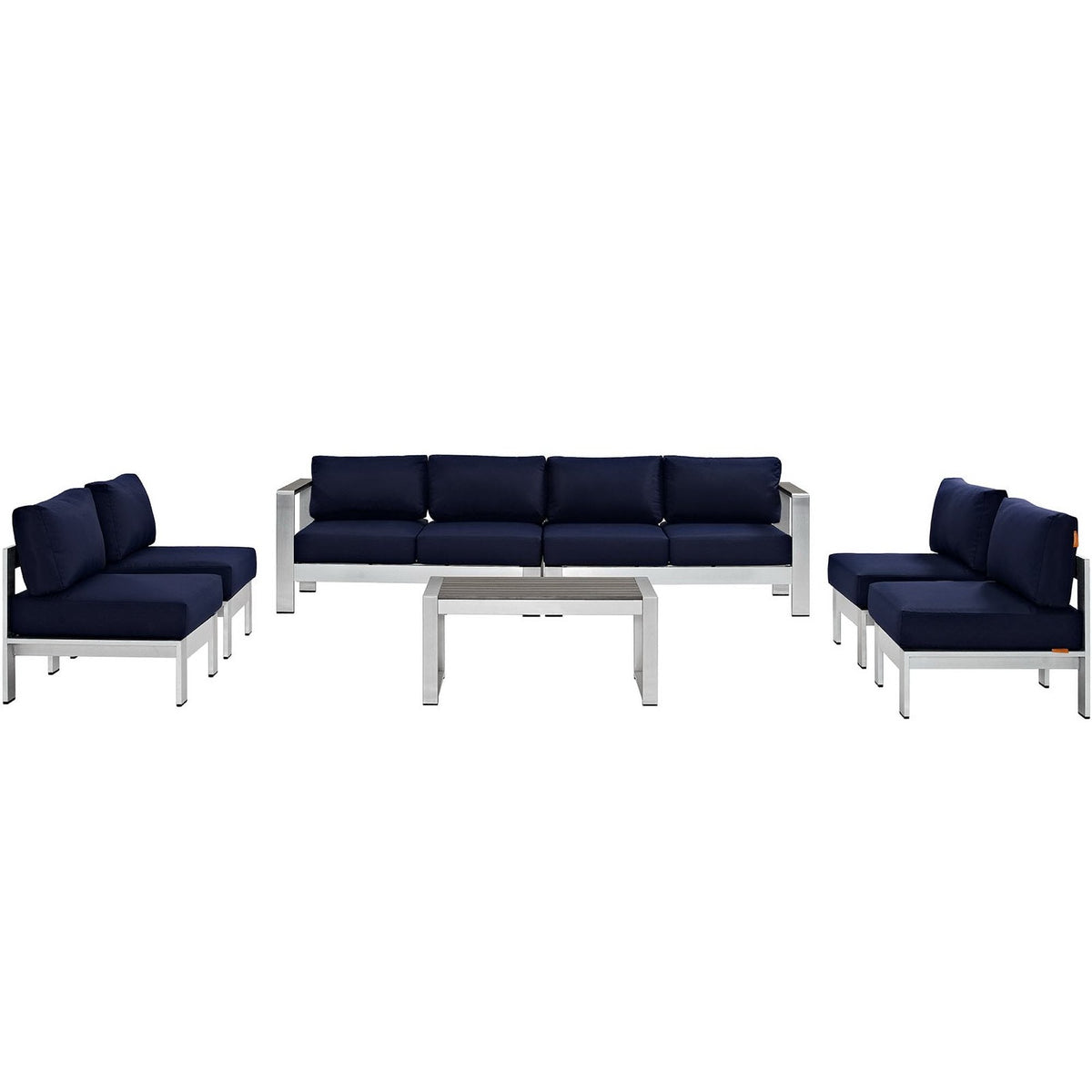 Shore 7-Piece Outdoor Sectional Sofa Set with navy cushions and metal frame on Tampa Home & Garden Store