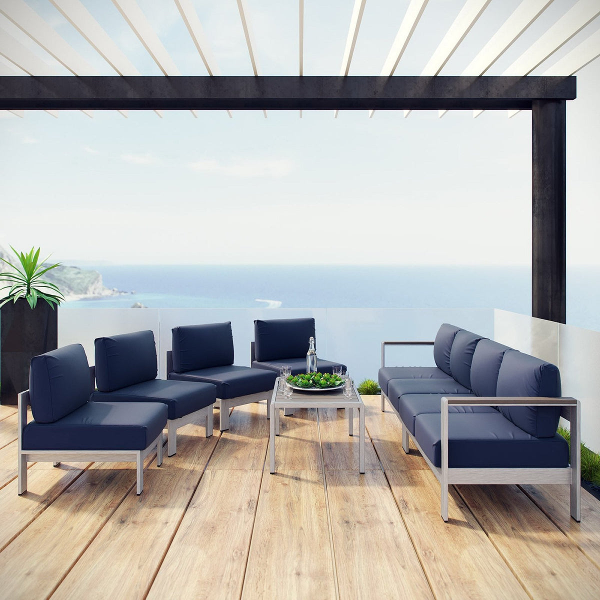 Shore 7 Piece Outdoor Patio Sectional Sofa Set navy cushions with gray frame on wood deck on Tampa Home & Garden Store