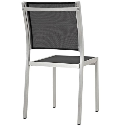 Shore outdoor aluminum dining chair with black mesh back and seat, silver frame on Tampa Home & Garden Store
